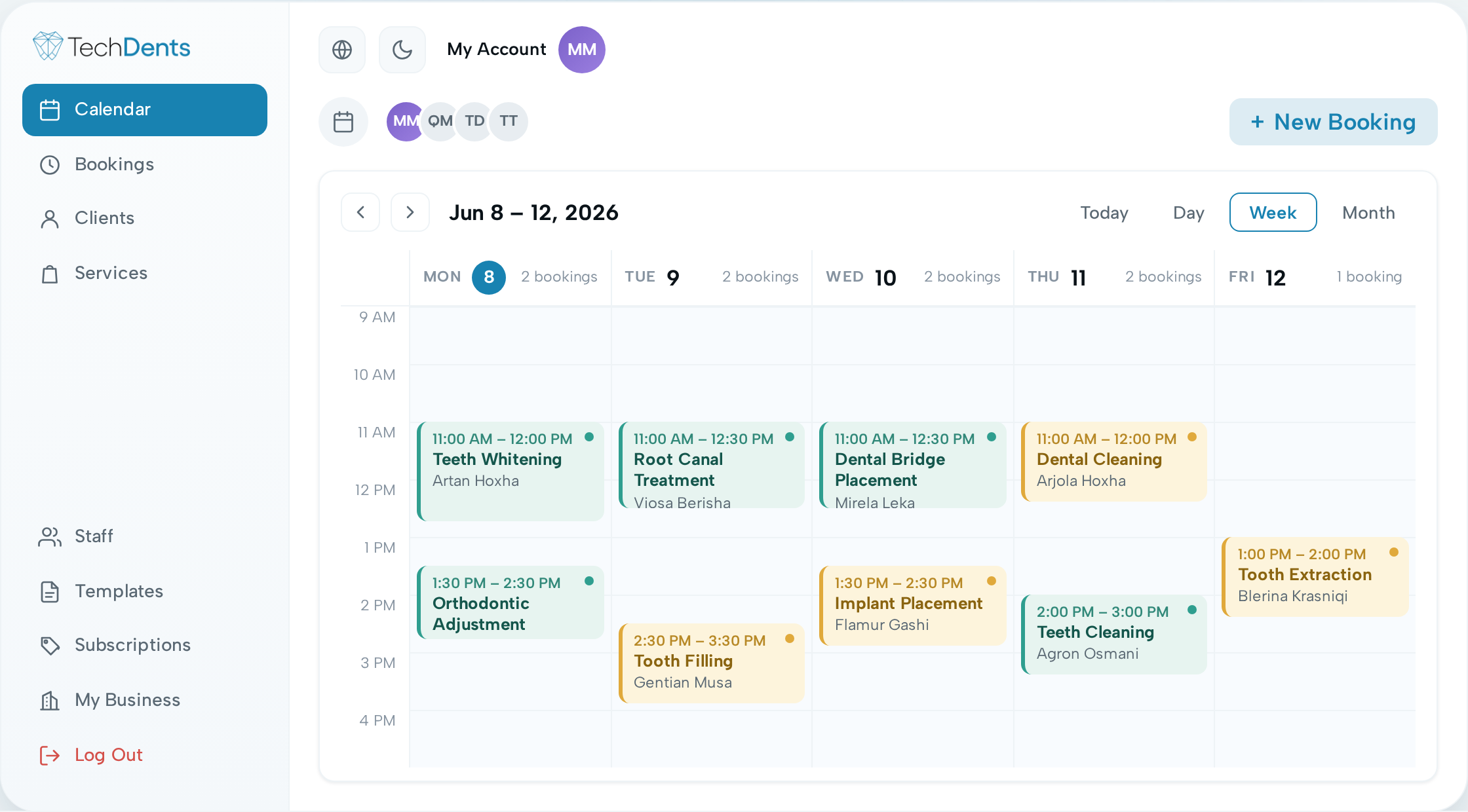 TechDents dashboard — weekly calendar with bookings